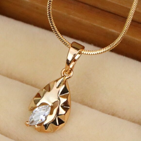 "Teardrop Leaf Pendant with Marquise White Stone in Gold Finish, XPPT1727 - Picture 1 of 13